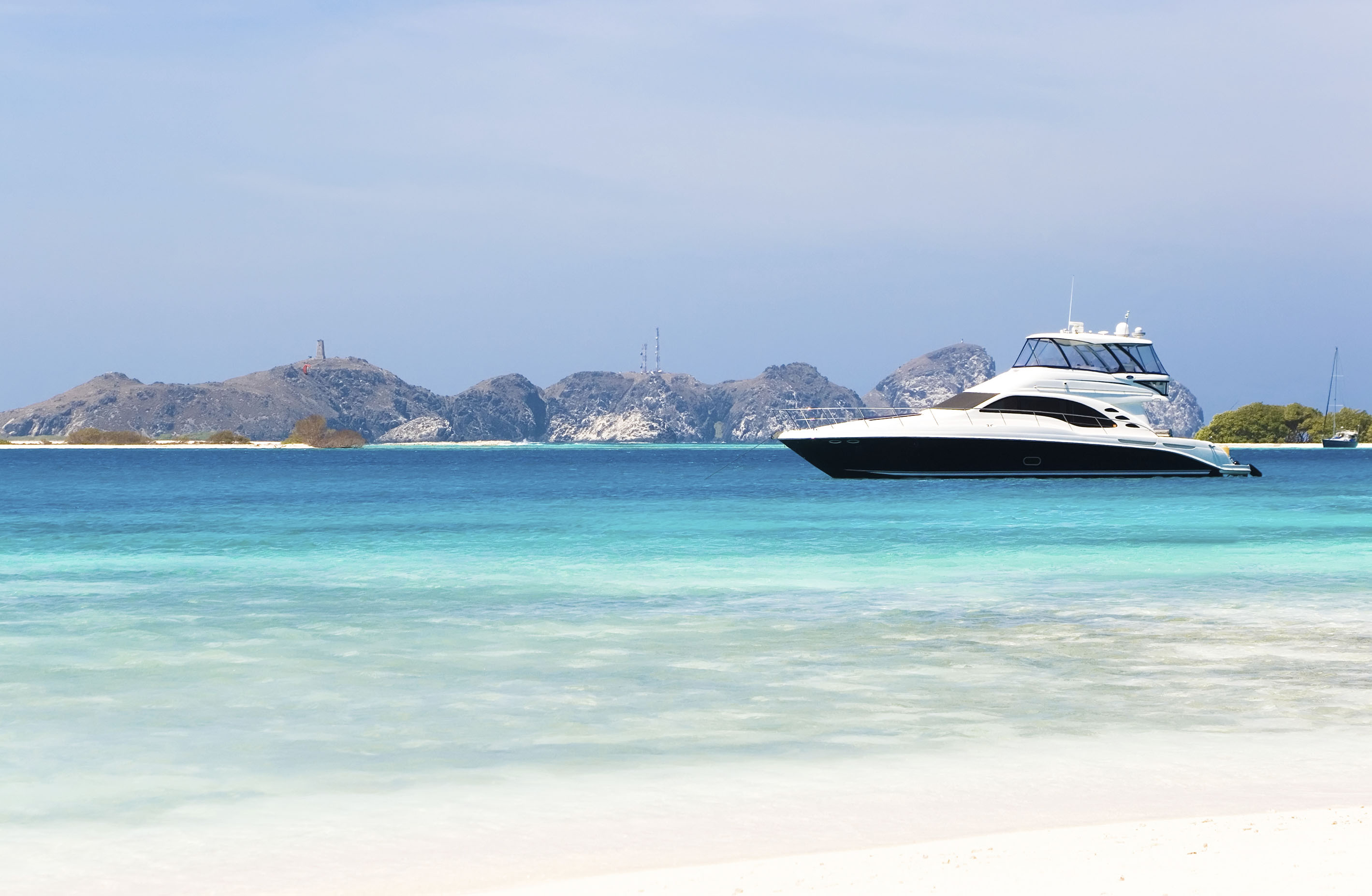 Motor yacht at anchor in the Caribbean